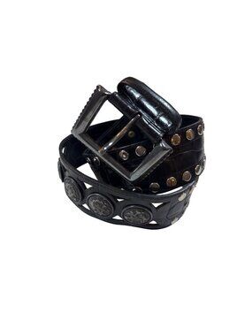 Avignon vintage Black Leather Belt Silver Lion Medallions Stud Detail 37, large"